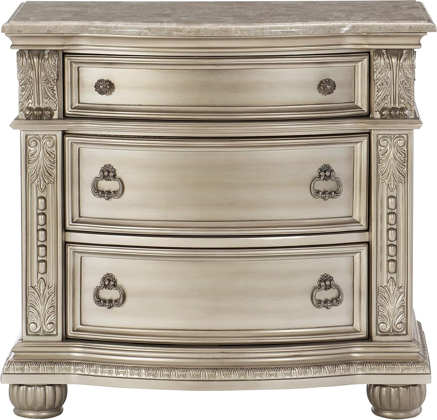 Traditional Classic 4 Pieces California King Size Set Silver Finish Faux Leather Upholstered Bed Classic Design Marble Top Formal Bedroom Furniture