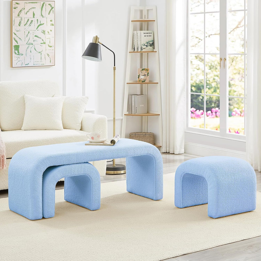 3-Piece Modern Ottoman Bench Set, 44' Wide Teddy Upholstered End of Bed Bench with 2 Foot Stools, Padded U-Shaped Entry Bench Vanity Stool for Living Room Bedroom (Light Blue)
