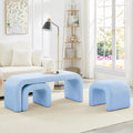 3-Piece Modern Ottoman Bench Set, 44' Wide Teddy Upholstered End of Bed Bench with 2 Foot Stools, Padded U-Shaped Entry Bench Vanity Stool for Living Room Bedroom (Light Blue)
