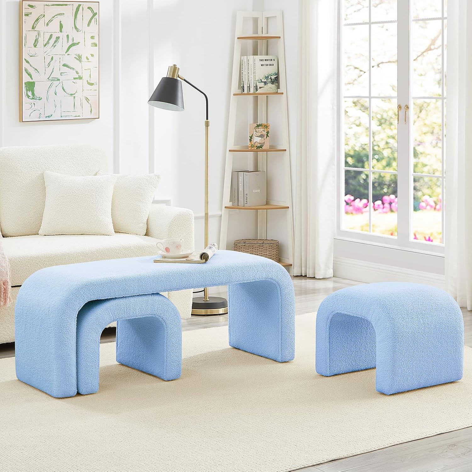 3-Piece Modern Ottoman Bench Set, 44' Wide Teddy Upholstered End of Bed Bench with 2 Foot Stools, Padded U-Shaped Entry Bench Vanity Stool for Living Room Bedroom (Light Blue)
