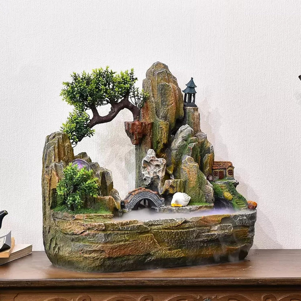 Desktop Fountain Indoor Fountain Tabletop Waterfall Rockery Fake Trees Relaxation Water Feature for Home and Office Spaces Decor(Large)