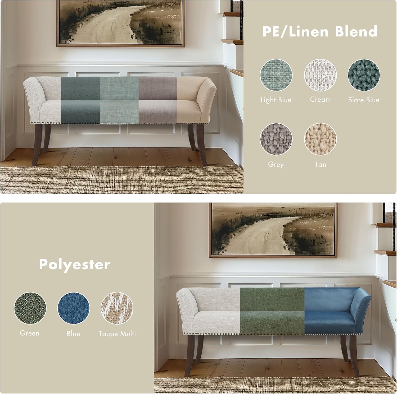 Madison Park Accent Bench for Living Room, Upholstered with Nailhead Trim, & Padded Seat Entryway Bench Small, End of Bed Bench with Back, 49.5' W x 19.25' D x 23' H, White Cream