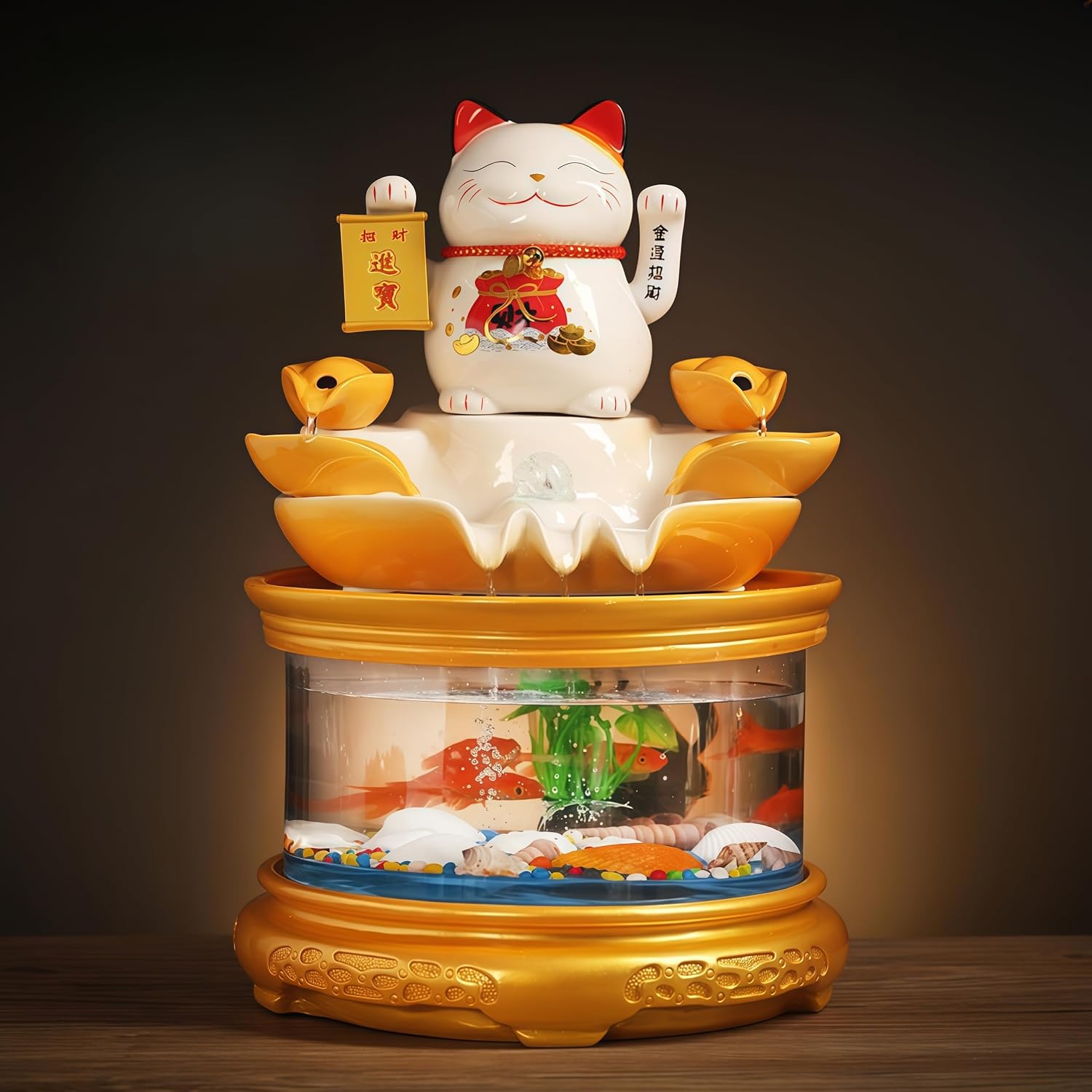 Tabletop Water Fountain Indoor with Maneki Neko, Money Lucky Cat, Fish Tank Decorations for Feng Shui Decor & Gifts for Home, Feng Shui Statue, Chinese New Year Decoration, Chinese Decor & Gifts (C)