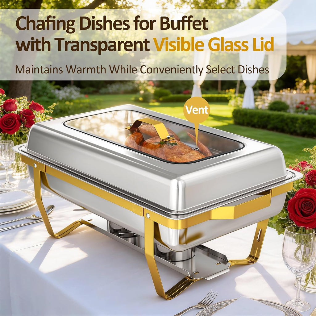 Chafing Dishes for Buffet, 2-Pack Hot Cold Food Warmer with Glass Lid, 9QT Large Capacity Stainless Steel Buffet Servers, Complete Set with Utensils for Catering Party Wedding Outdoor