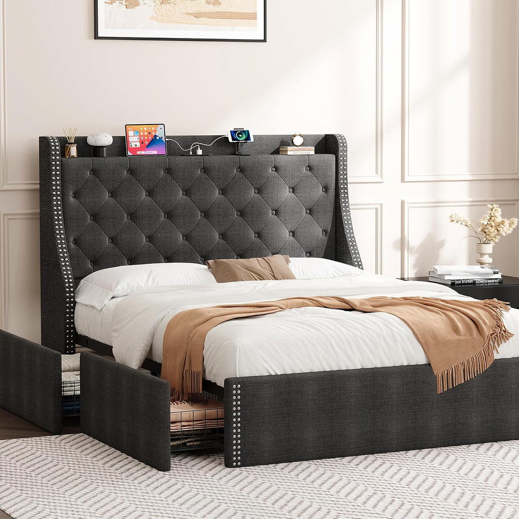 Upholstered Queen Bed Frame with 4 Storage Drawers, Wingback Headboard with Charging Station, Diamond Stitched Button Tufted Design, No Box Spring Needed, Grey