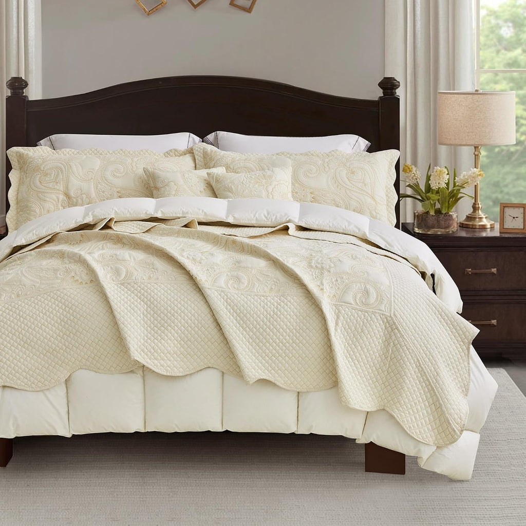Oversized King Bedspread, Paisley Pattern Design, Lightweight Bedding Cover, Reversible, 5 Piece, 100% Microfiber, Ivory Yellow
