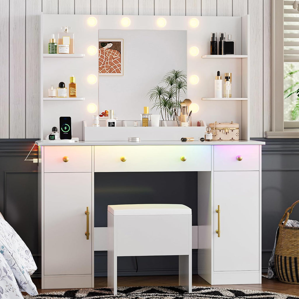 Xixini Vanity Desk with Mirror and Lights, 43'' White Makeup Dressing Table Set with 5 Drawers & Chair, Power Outlet, 3 Lighting Modes Adjustable Brightness & RGB LED for Women Girls Bedroom Bathroom