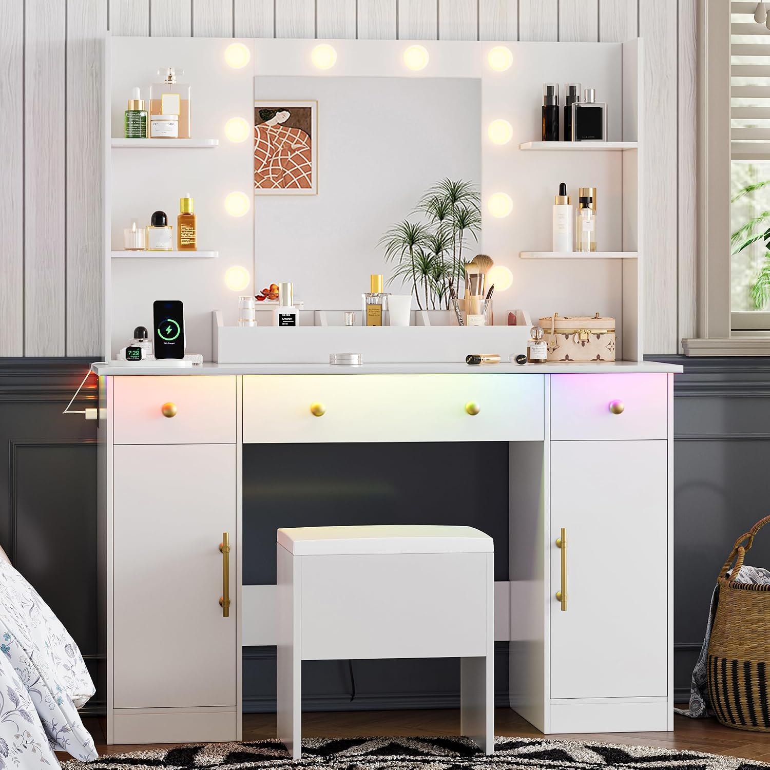 Xixini Vanity Desk with Mirror and Lights, 43'' White Makeup Dressing Table Set with 5 Drawers & Chair, Power Outlet, 3 Lighting Modes Adjustable Brightness & RGB LED for Women Girls Bedroom Bathroom