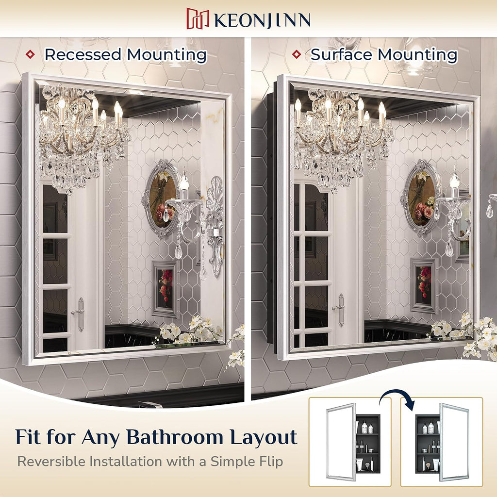 Keonjinn 21' x 27' Medicine Cabinet for Bathroom, Silver Recessed or Surface Wall-Mounted Aluminum Alloy Framed Beveled Mirror with Storage, Mirrored Cabinets with 2 Adjustable Shelves for Bath Modern