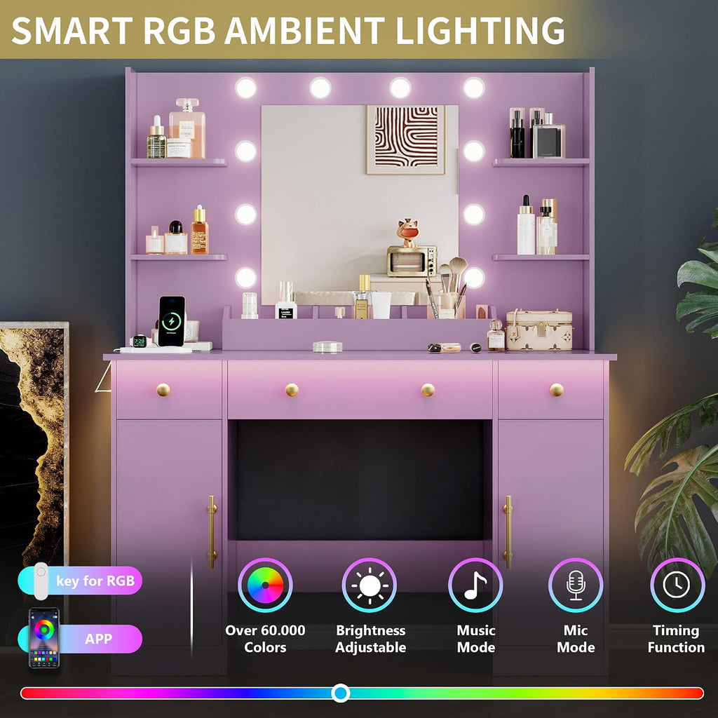Vanity Desk with Mirror and Lights, 43'' Makeup Dressing Table Set with 5 Drawers & Power Outlet, 3 Lighting Modes Brightness Adjustable, Vanity with RGB Ambient Light for Women Girls Bedroom, Purple