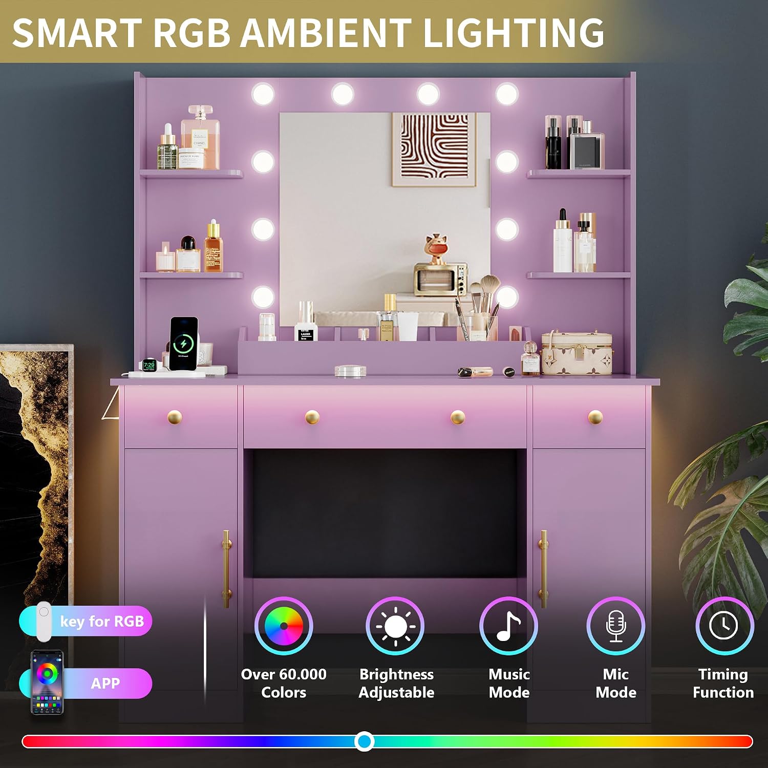 Vanity Desk with Mirror and Lights, 43'' Makeup Dressing Table Set with 5 Drawers & Power Outlet, 3 Lighting Modes Brightness Adjustable, Vanity with RGB Ambient Light for Women Girls Bedroom, Purple
