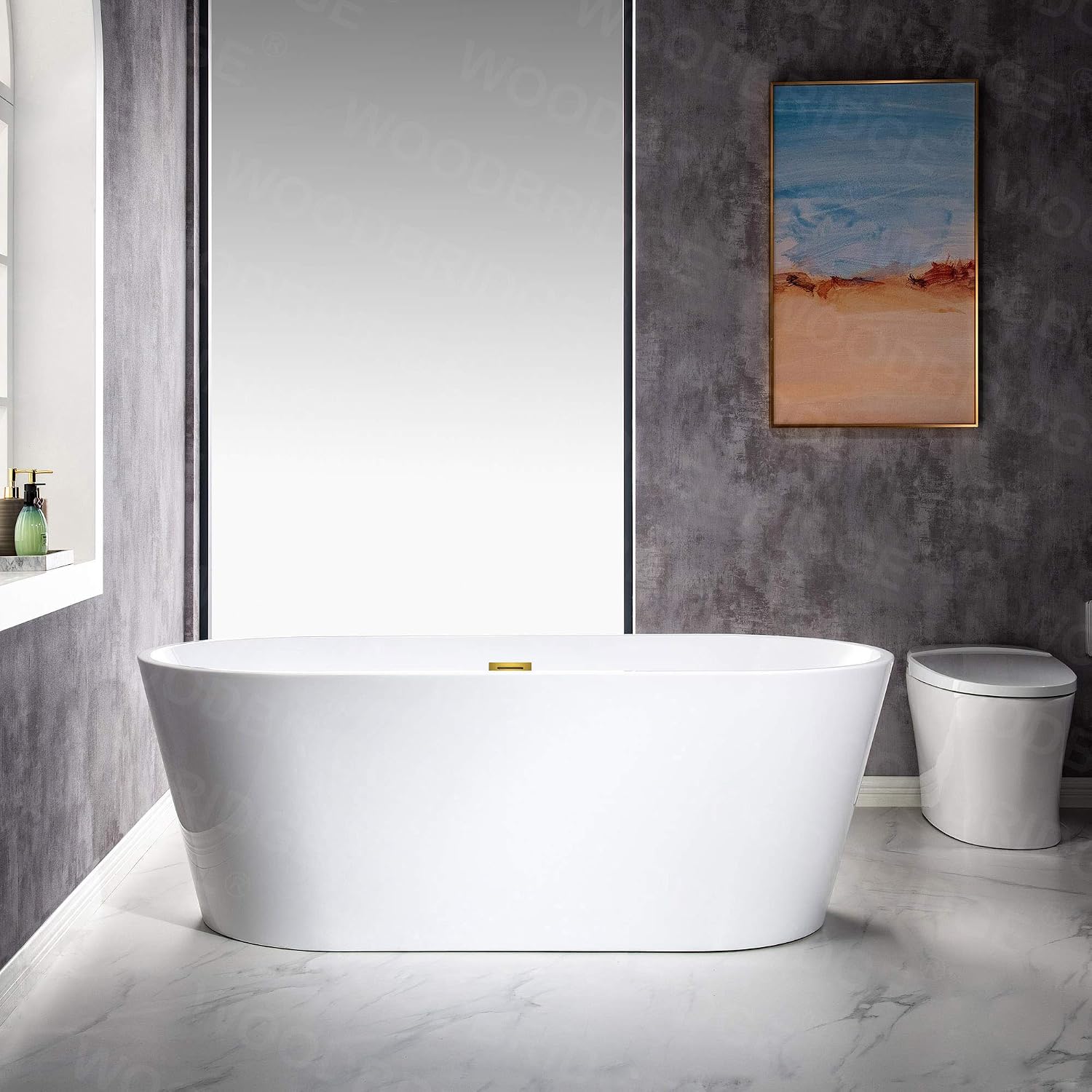 WOODBRIDGE 67' Acrylic Freestanding Bathtub Contemporary Soaking White Tub with Brushed Gold Overflow and Drain，B0013 -BG-Drain &O