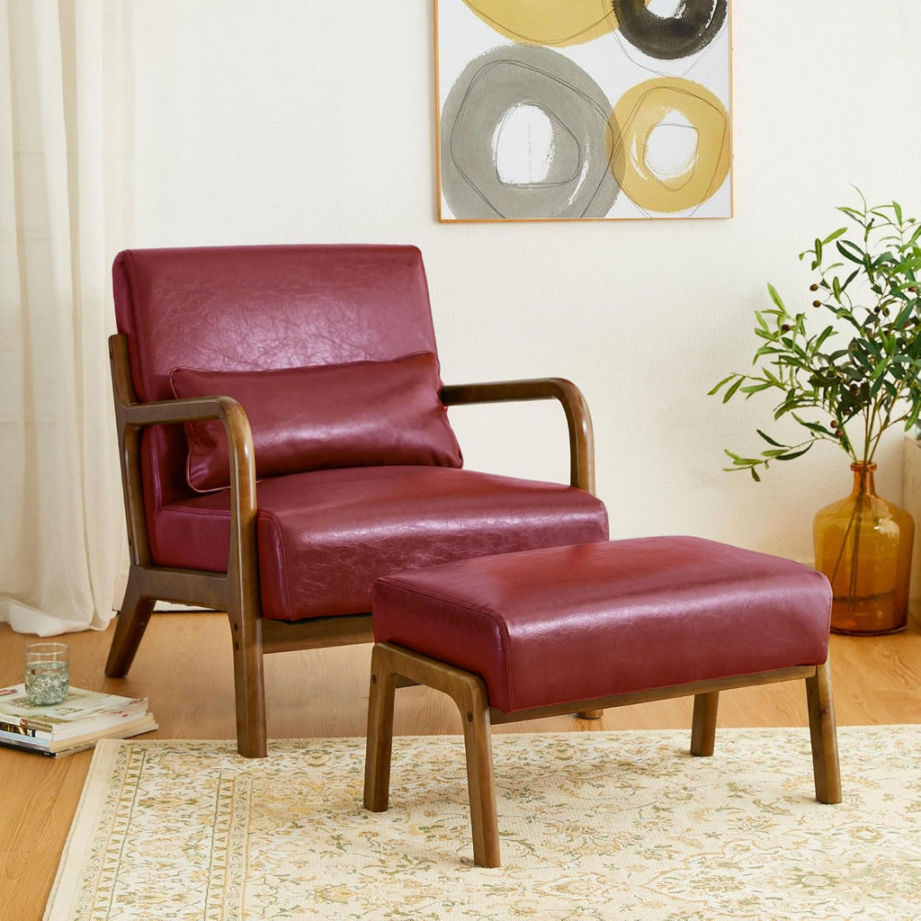 Glitzhome Foot Stool Ottoman, Modern Leatherette Sofa Stool Vanity Chair with Rubber Wood Frame, Footrest Ottoman Bench for Living Room, Entryway, Wine Red