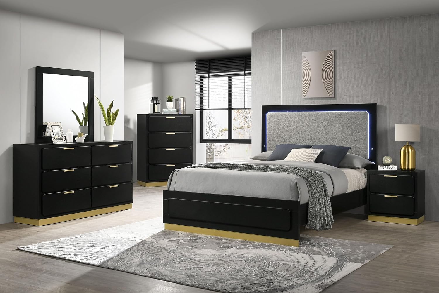 Coaster Home Furnishings Caraway Contemporary 5-Piece Bedroom Set Upholstered Eastern King Size LED Panel Bed Frame 55-inch Headboard Black 224781KE-S5