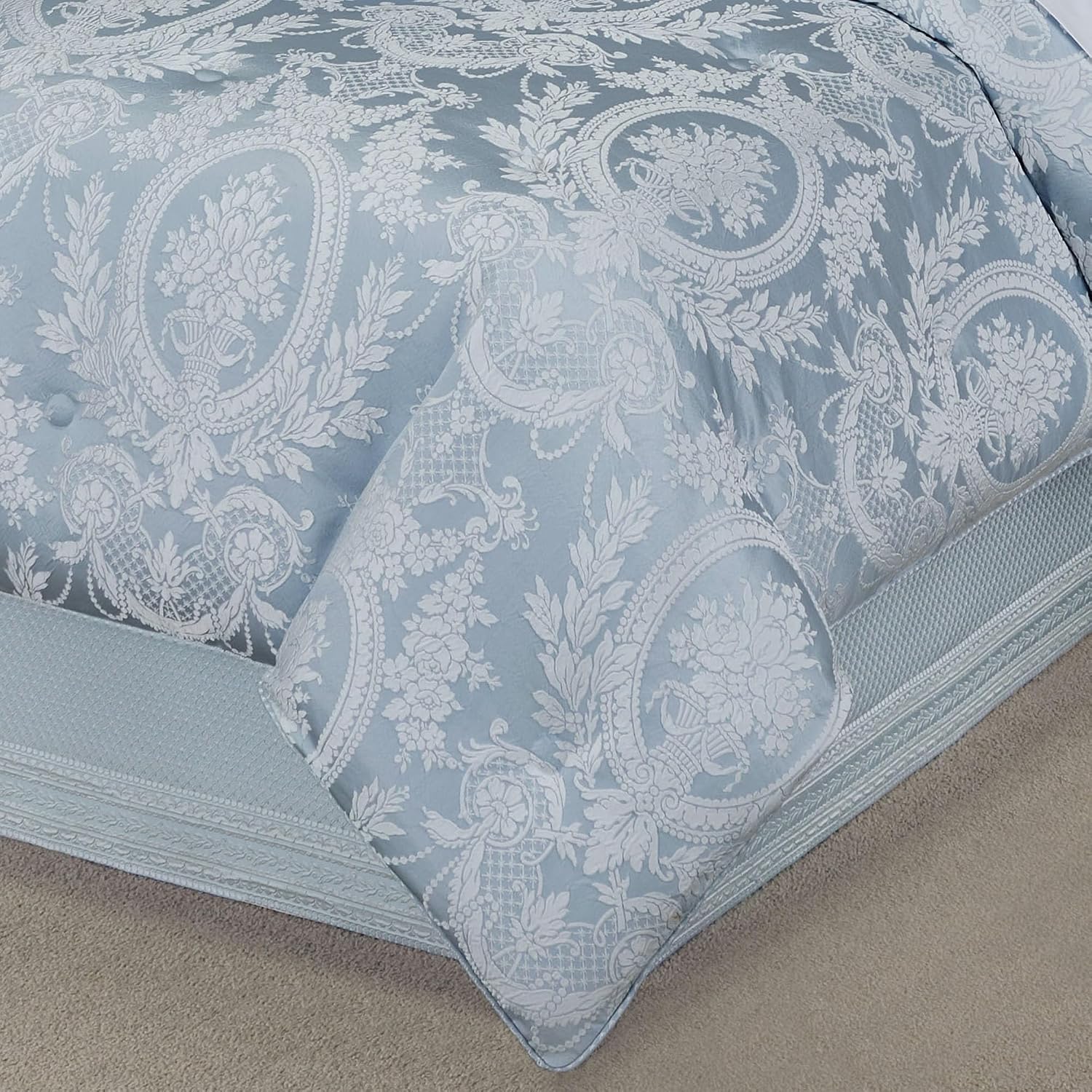 Contessa Luxury Bedding | Iced Platinum and Powder Blue Hues | Puff Jacquard-Woven Traditional Floral Bouquet and Swag Motifs | 4 Piece Bed Set Includes Queen Comforter, Bedskirt, and 2 Standard Shams