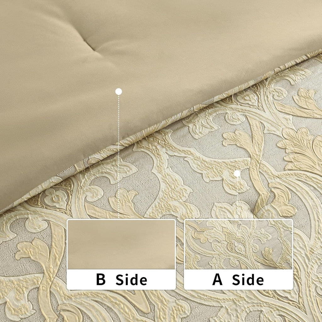Bedduvit Luxury 7 Piece Bed in Bag, Vintage Damask Jacquard Thick California King Comforter Set, Luxurious Genuine Patchwork Cal King Bedding Set with Bed Skirt, Decor Pillows, Shams, Gold/Beige/Cream