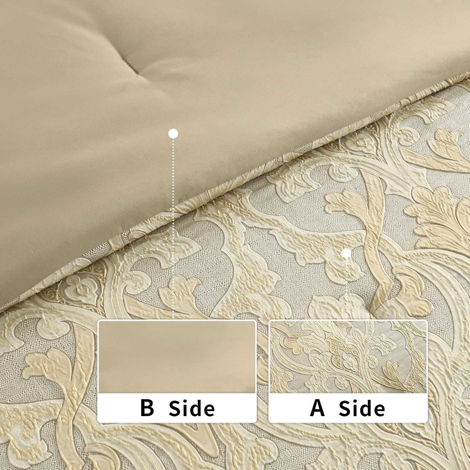 Bedduvit Luxury 7 Piece Bed in Bag, Vintage Damask Jacquard Thick California King Comforter Set, Luxurious Genuine Patchwork Cal King Bedding Set with Bed Skirt, Decor Pillows, Shams, Gold/Beige/Cream