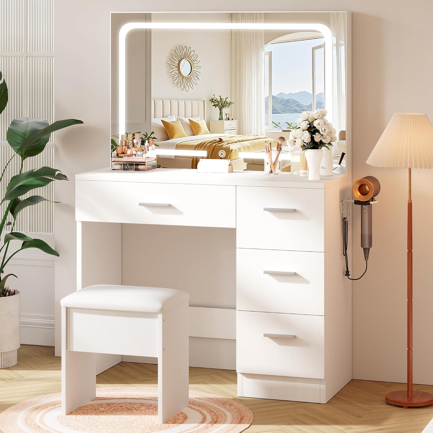 LIVELYGLOW Makeup Vanity Desk with Charging Station & LED Mirror – 35.4' Vanity Set with 4 Drawers, 3 Lighting Modes – Modern Bedroom Furniture (15.7' D x 35.4' W x 53.9' H), White
