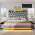DWVO King Size Bed Frame with 4 Storage Drawers and RGB LED Lights, 57'' Tall Headboard Velvet Upholstered Bed with Charging Station, No Box Spring Needed, Easy Assembly, Noise-Free, Dark Grey