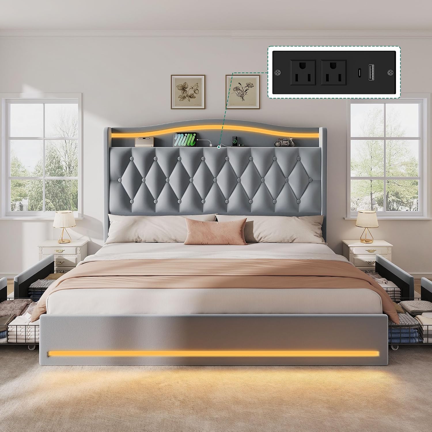 DWVO King Size Bed Frame with 4 Storage Drawers and RGB LED Lights, 57'' Tall Headboard Velvet Upholstered Bed with Charging Station, No Box Spring Needed, Easy Assembly, Noise-Free, Dark Grey