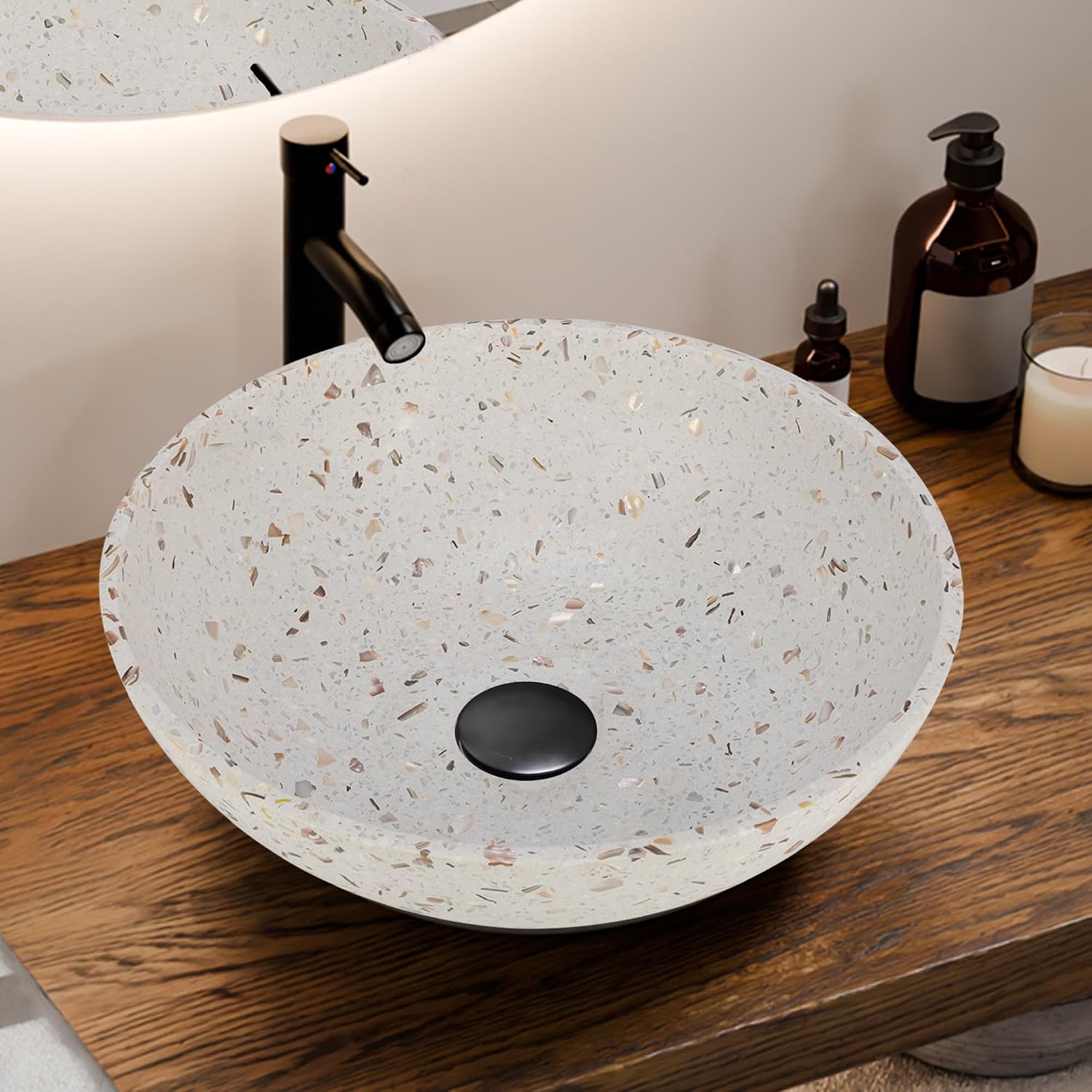 YIMAI Terrazzo Vessel Sink with Faucet and Drain, 15.7' Round Concrete Bathroom Sink Above Counter, Modern Artisanal Wash Basin Bowl with Matte Finish, Easy Install Combo Set for Vanity