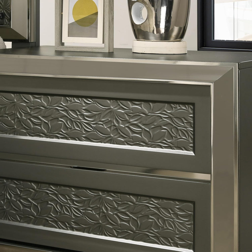 Furniture of America Uself Modern Solid Wood 5-Piece Bedroom Set with LED on Headboard and Mirror, Silver Bracketed Feet, Leaf Pattern Molding, No Box Spring Needed, King, Dark Gray