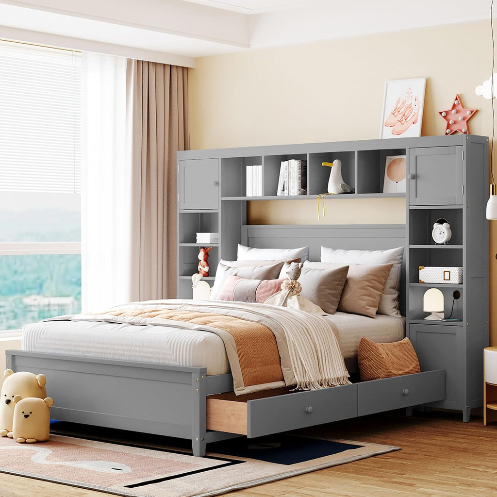 Harper & Bright Designs Full Size Platform Bed with Bookcase Headboard and 4 Storage Drawers, Solid Wood Bed Frame with Cabinet and Bookshelf, No Box Spring Needed - Gray