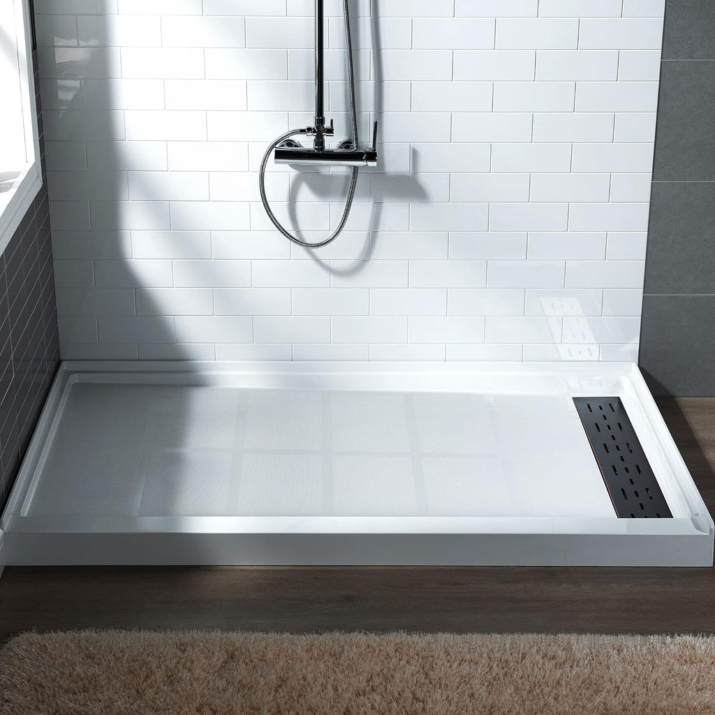 WOODBRIDGE Solid Surface Shower Base with Recessed Trench Side Including Oil Rubbed Bronze Linear Drain Cover L x W x H, 60'L x 30'Wx 4'H,Right Drain,White Color