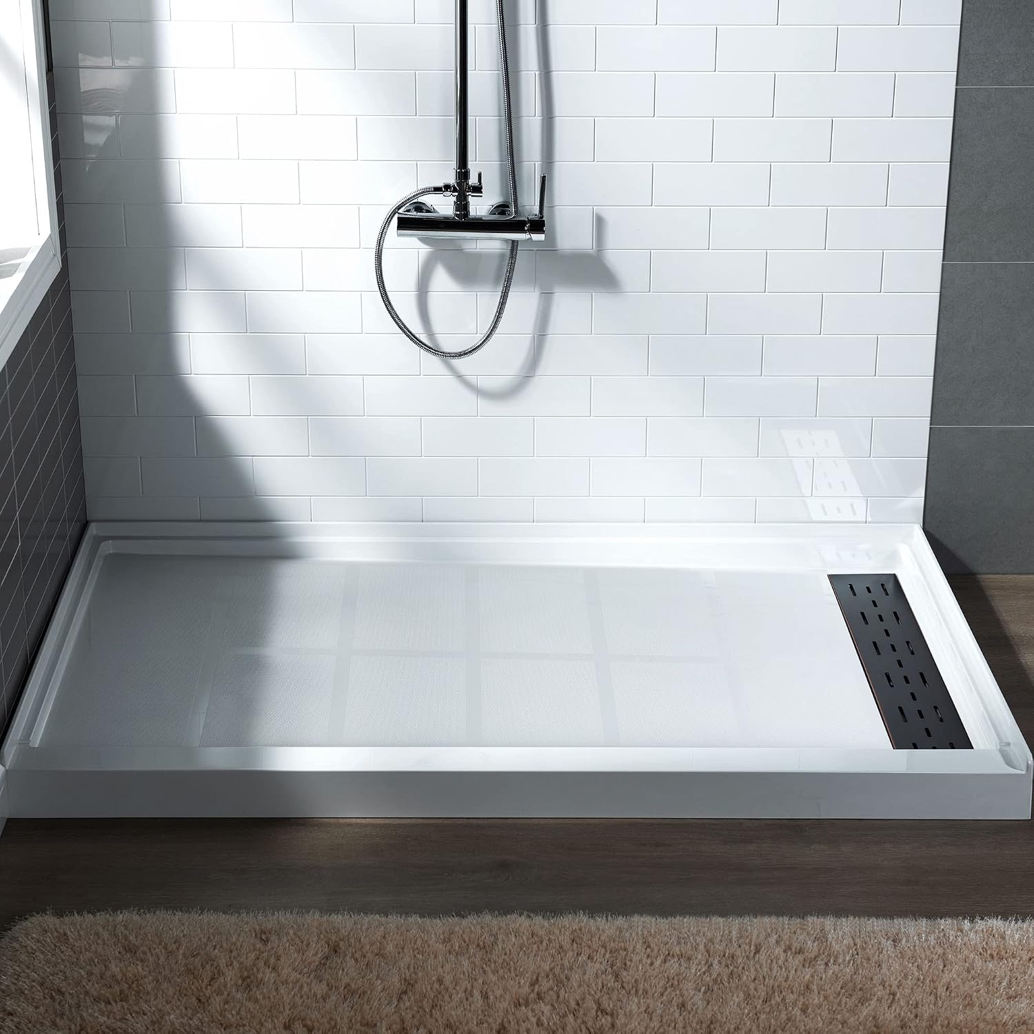 WOODBRIDGE Solid Surface Shower Base with Recessed Trench Side Including Oil Rubbed Bronze Linear Drain Cover L x W x H, 60'L x 30'Wx 4'H,Right Drain,White Color