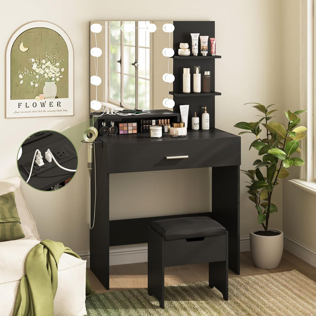 Vabches Small Vanity Desk with Mirror and Lights, Makeup Vanity with Storage Chair & Power Strip,Girl Dressing Table Set with Drawer for Bedroom,3 Lighting Modes,Brightness Adjustable,Black