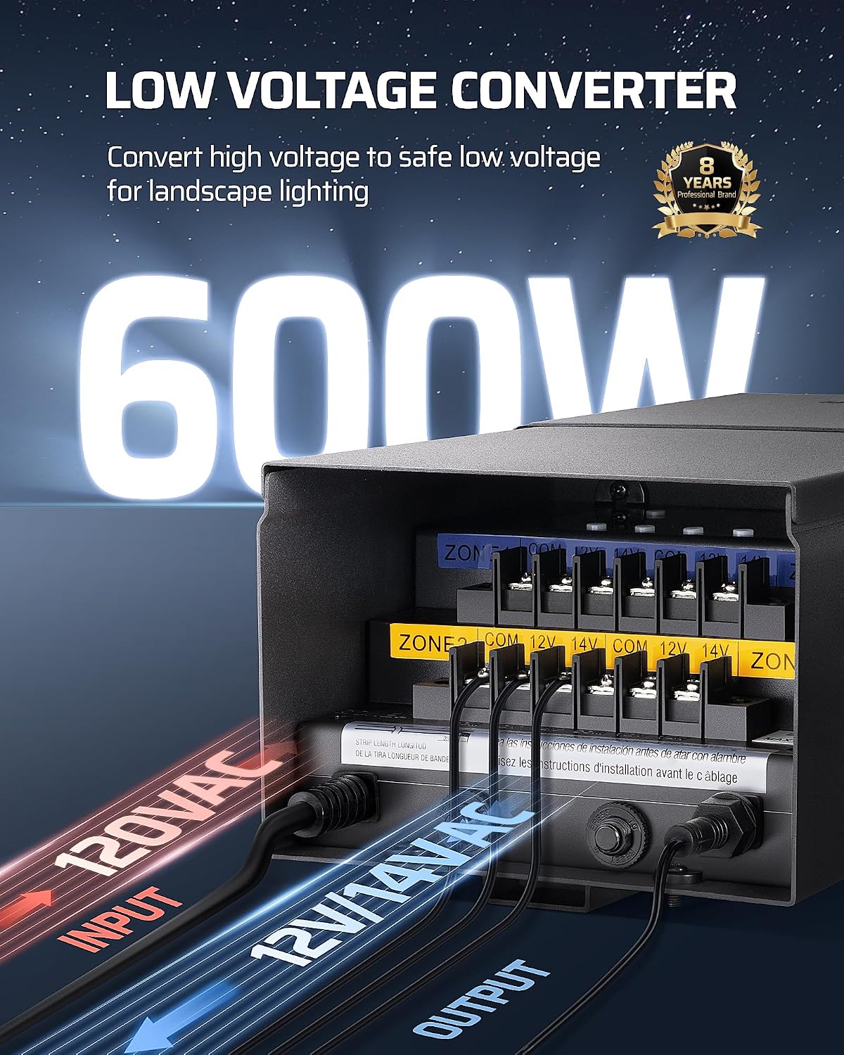 DEWENWILS 600W Low Voltage Landscape Transformer, 120VAC to 12/14VAC Outdoor Landscape Transformer, Photocell Sensor & Timer, 6 Zone, Landscape Lighting Transformer for Outdoor Garden