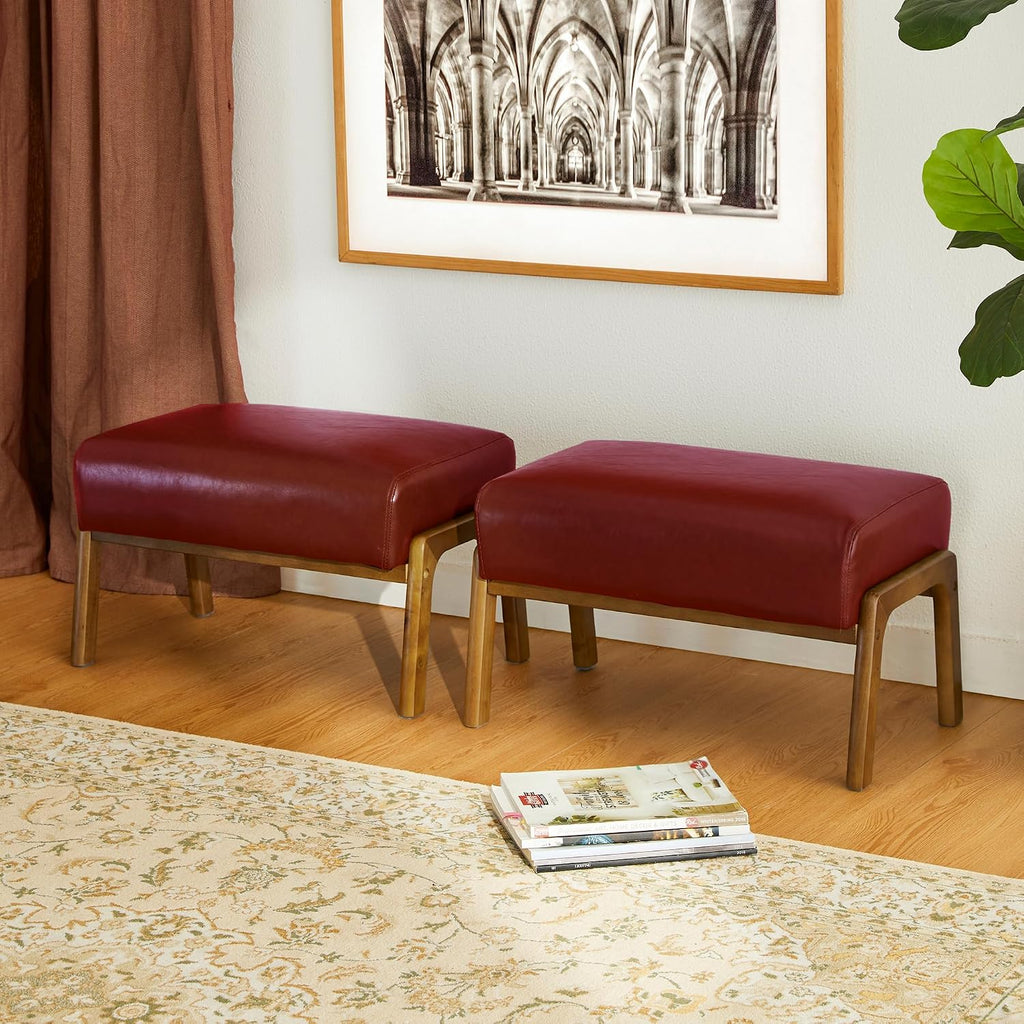 Glitzhome 2 Set Foot Stool Ottoman, Modern Leatherette Sofa Stool Vanity Chair with Rubber Wood Frame, Footrest Ottoman Bench for Living Room, Entryway, Wine Red