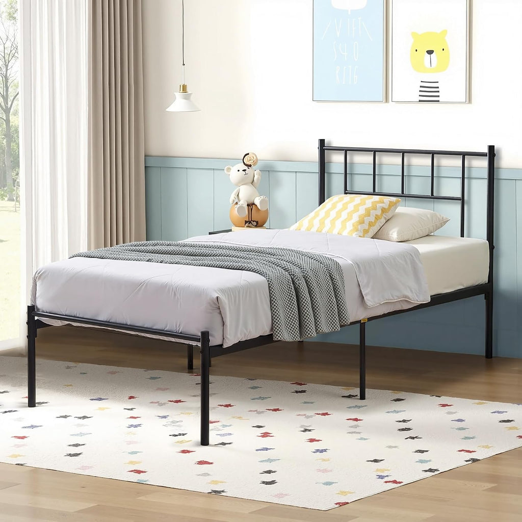 VECELO Twin Metal Platform Bed Frame with Headboard, Heavy Duty Steel Slats, No Box Spring Needed,Easy Assembly, Modern Minimalist Design, 2 PCS