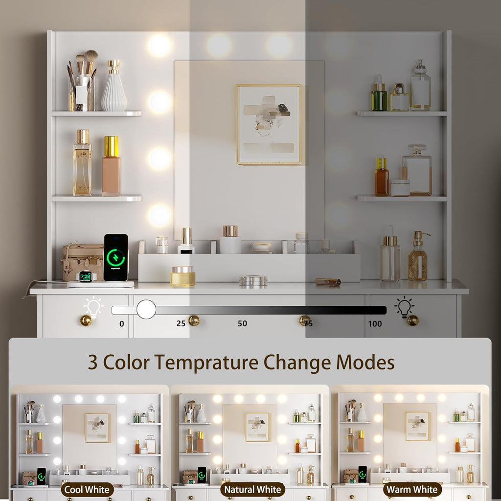 HUANLEGO Vanity Desk with Mirror and Lights, Makeup Vanity with Charging Station & Vanity Stool, 3 Drawers and Cabinets White Vanity Mirror with RGB LED Lights Vanity Desk and Chair for Women