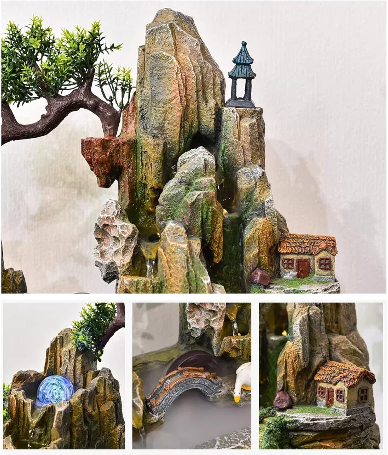 Desktop Fountain Indoor Fountain Tabletop Waterfall Rockery Fake Trees Relaxation Water Feature for Home and Office Spaces Decor(Large)