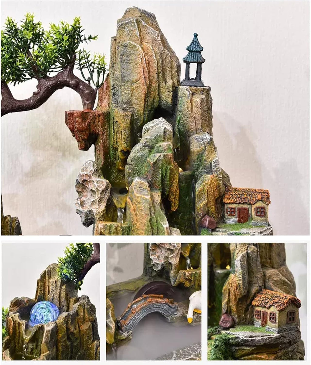 Desktop Fountain Indoor Fountain Tabletop Waterfall Rockery Fake Trees Relaxation Water Feature for Home and Office Spaces Decor(Small)