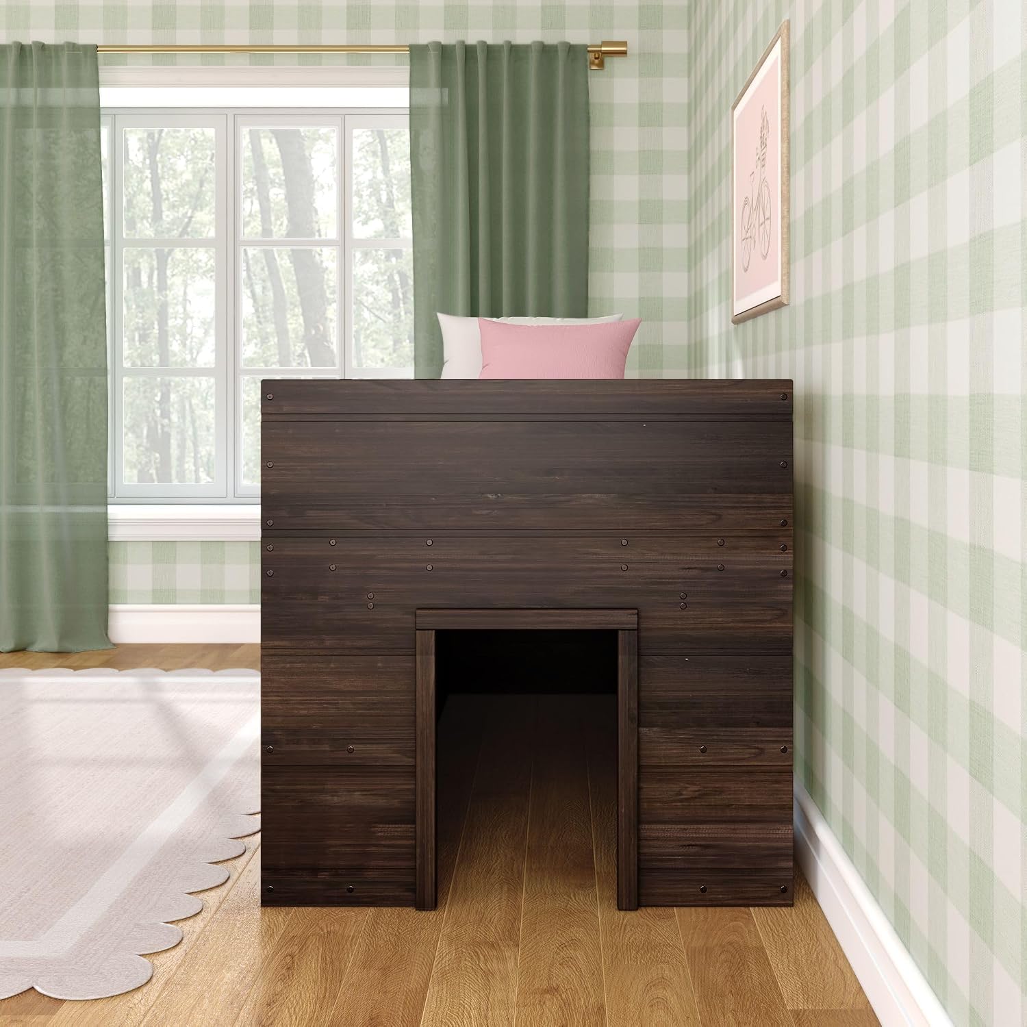 Max & Lily Modern Farmhouse Low Loft Bed, Twin Bed Frame for Kids with 2 Bookcases, Barnwood Brown