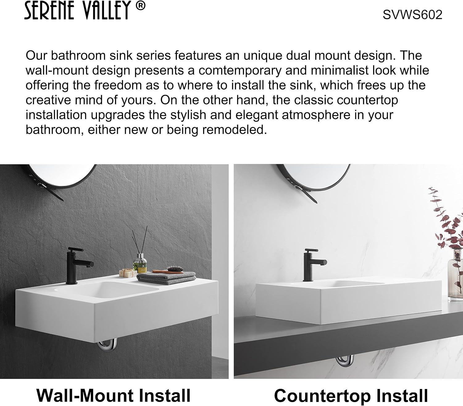 Serene Valley Bathroom Sink, Wall-Mount or On Countertop, 32' with Square Sink and Flat Space, Single Faucet Hole, Solid Surface Material