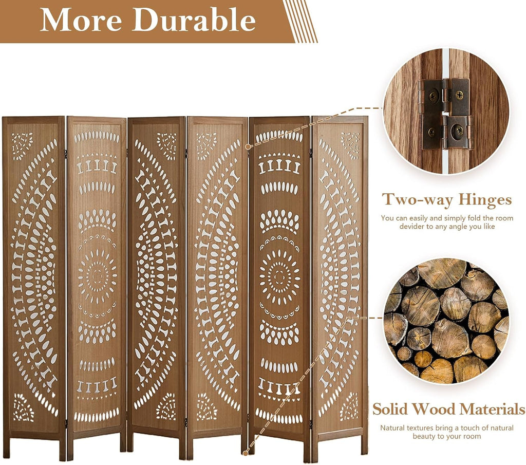 Room Dividers and Folding Privacy Screens, Boho 6 Panel Room Divider, 67' Room Divider Wall, Modern Room Partition, Privacy Dividers for Rooms, Bedroom, Office, Brown