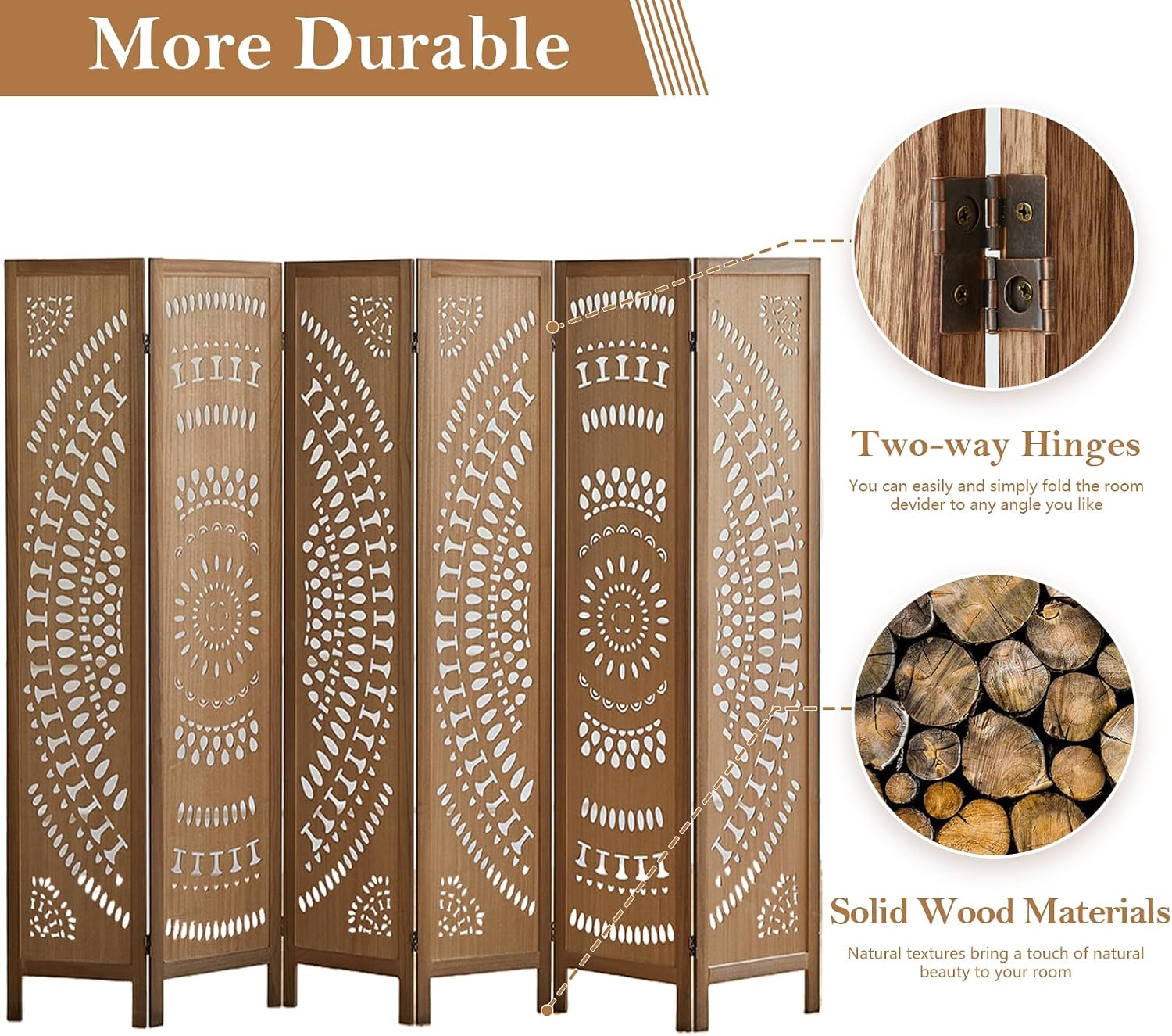 Room Dividers and Folding Privacy Screens, Boho 6 Panel Room Divider, 67' Room Divider Wall, Modern Room Partition, Privacy Dividers for Rooms, Bedroom, Office, Brown