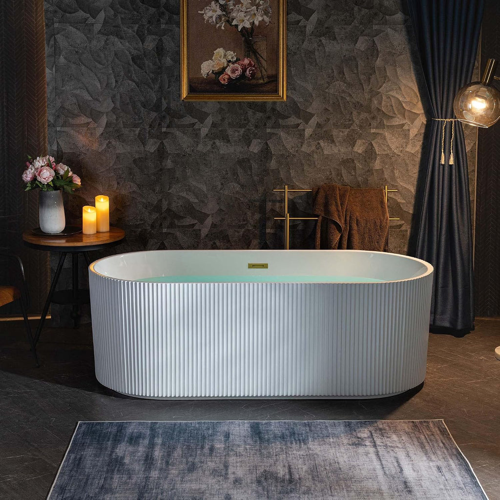 WOODBRIDGE 67' L x 31-1/2' W Freestanding Contemporary Soaking Bathtub,Unique Pleated Design,with Brushed Gold Pop-Up Drain Drain and Overflow Option, White,B1526-BG