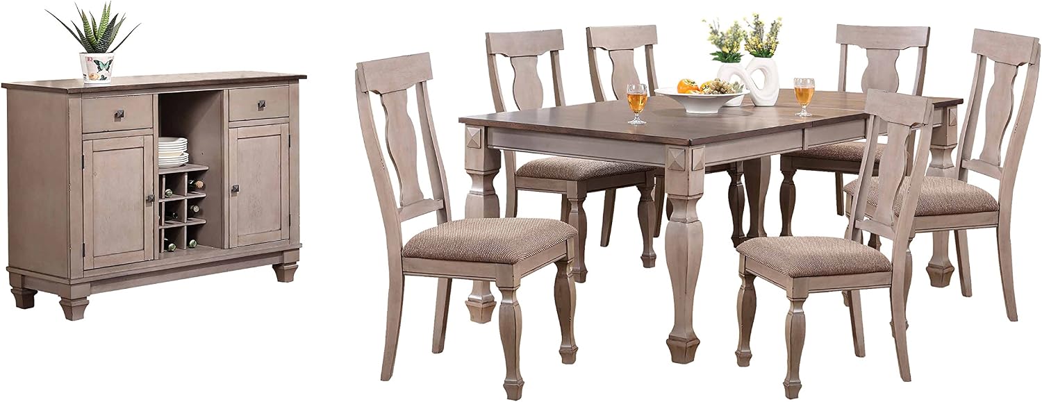 Kings Brand Furniture Charisma 8-Piece Dining Room Set – 2-Tone Brown Solid Wood Extendable Table with 18 inches Butterfly Leaf, 6 Upholstered Chairs and Buffet Server, Traditional Dining Furniture