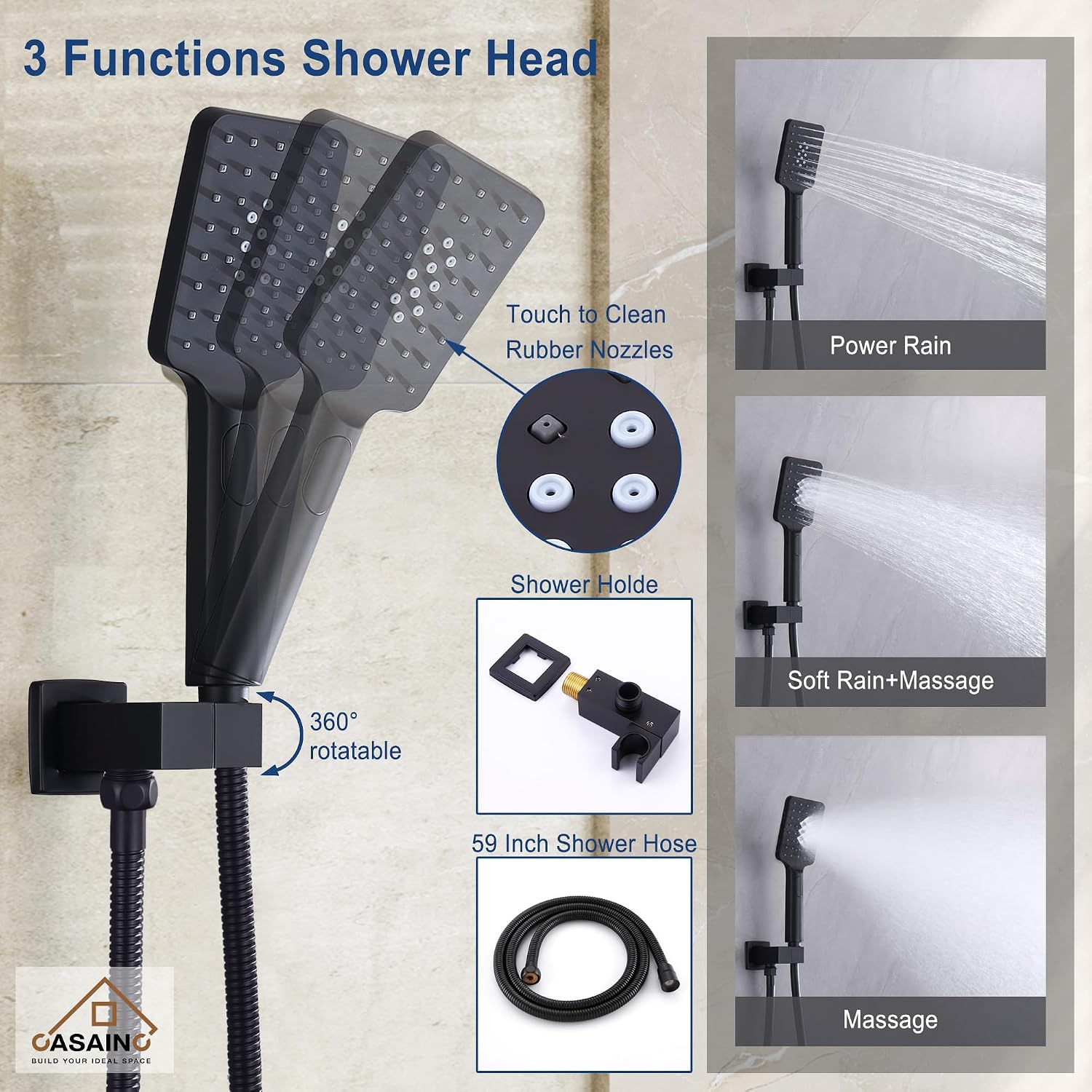 CASAINC Rain Shower Head with Handheld Spray, Tub Shower Faucets Set with Pre-embedded Valve Square Waterfall Shower Head System (12 Inch Wall Mounted, Matte Black)