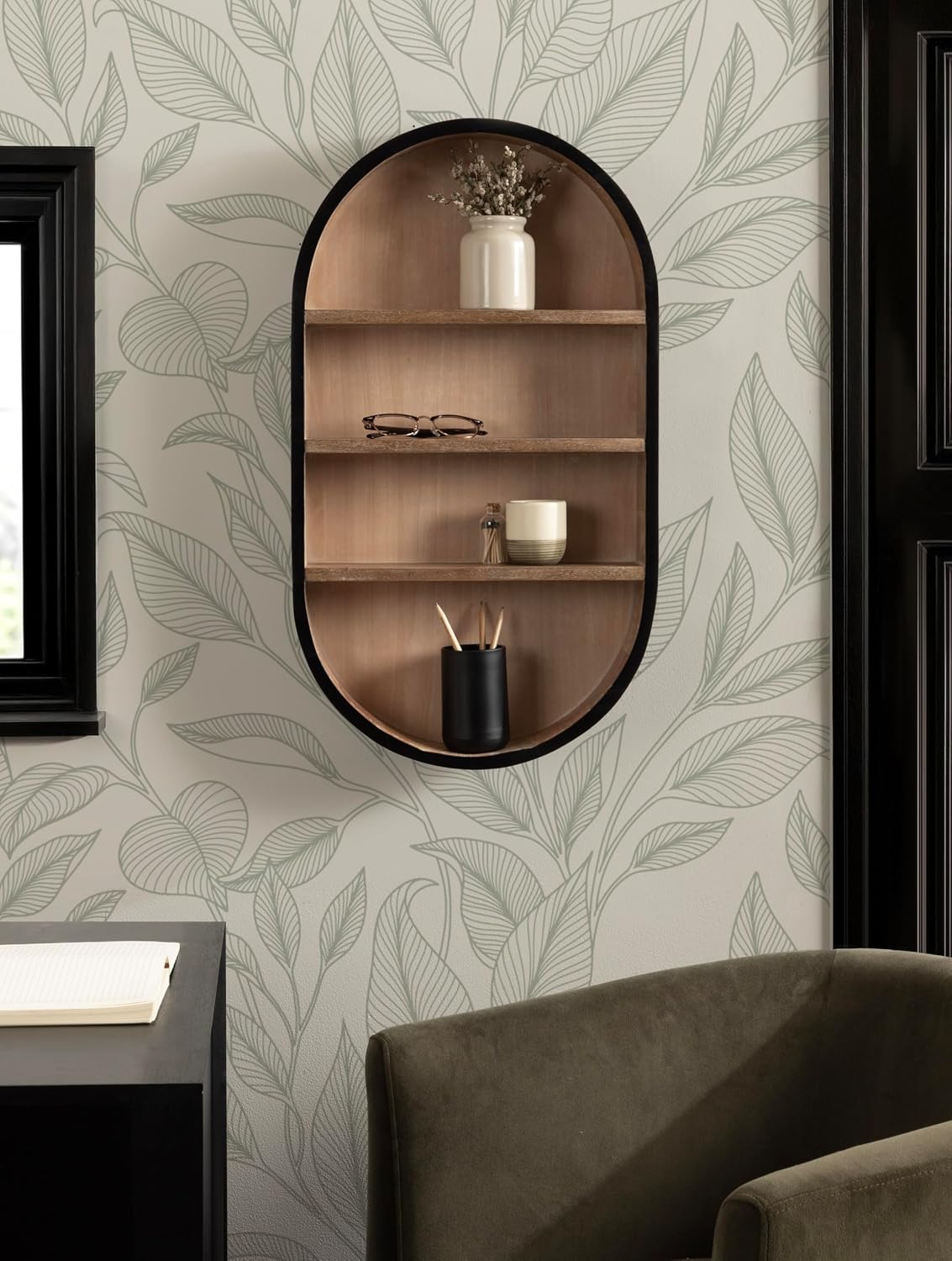 Kate and Laurel Hutton Modern Capsule Wall Shelf, 16 x 28, Light Natural and Black, Minimal Round Oval Wall Shelves for Above Toilet Bathroom Storage or Cute Nursery Shelving