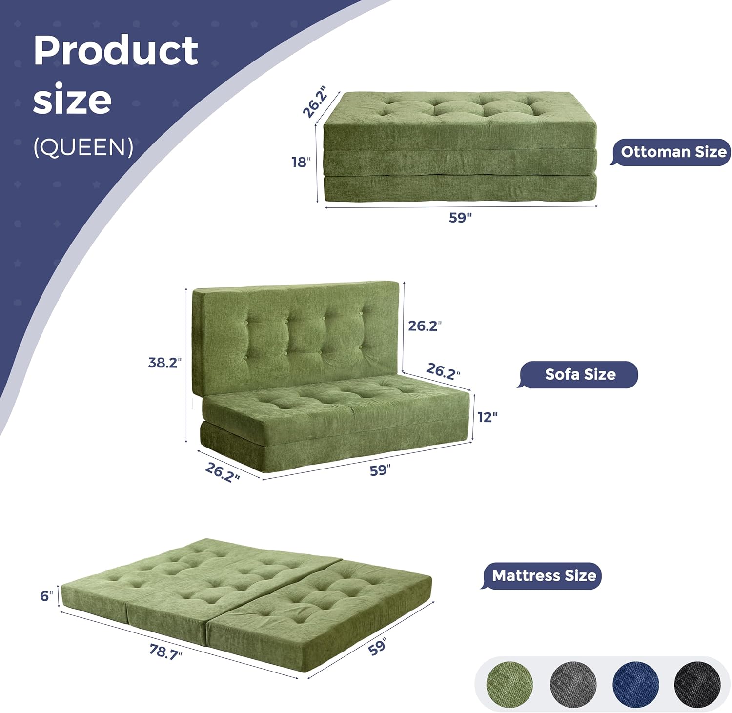 MAXYOYO 6' Folding Sofa Bed for Floor, Tufted Tri-Fold Floor Mattress with Chenille Fabric, Queen Size Portable Sofa Couch Guest Mat for Adults, Foldable Topper for Camping, Green, 59'x78.7'