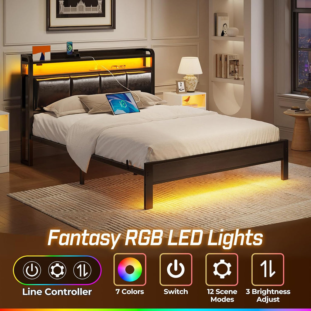 Rolanstar Bed Frame Full Size with Charging Station and LED Lights, PU Leather Headboard with Storage Shelves, Heavy Duty Metal Slats, No Box Spring Need, Noise Free, Easy Assembly, Black