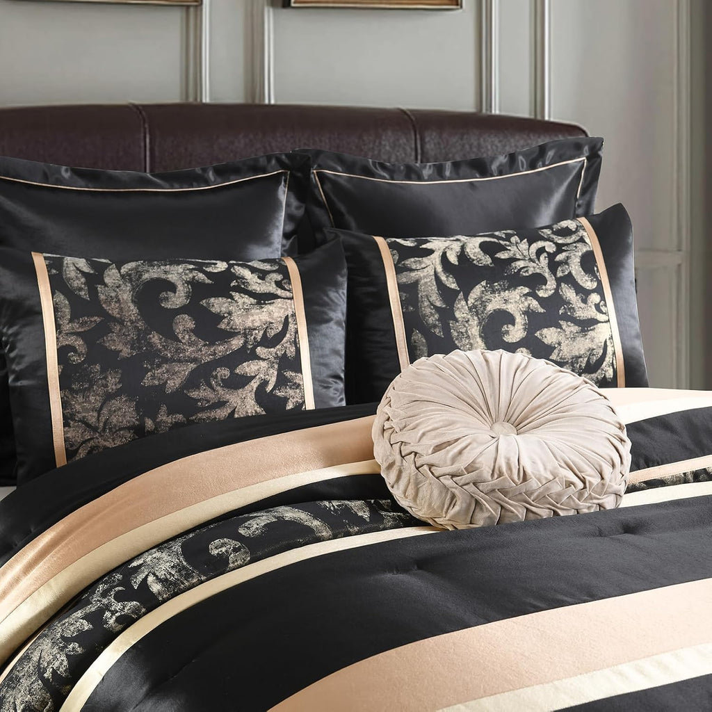 SahSahCasa 7-Piece Luxury Queen Comforter Set, Bed in a Bag Queen, Black and Gold Fluffy Bedding Comforter Set with Bed Skirt, Decorative Pillows and Shams, Down-Alternative Thick Jacquard Comforter