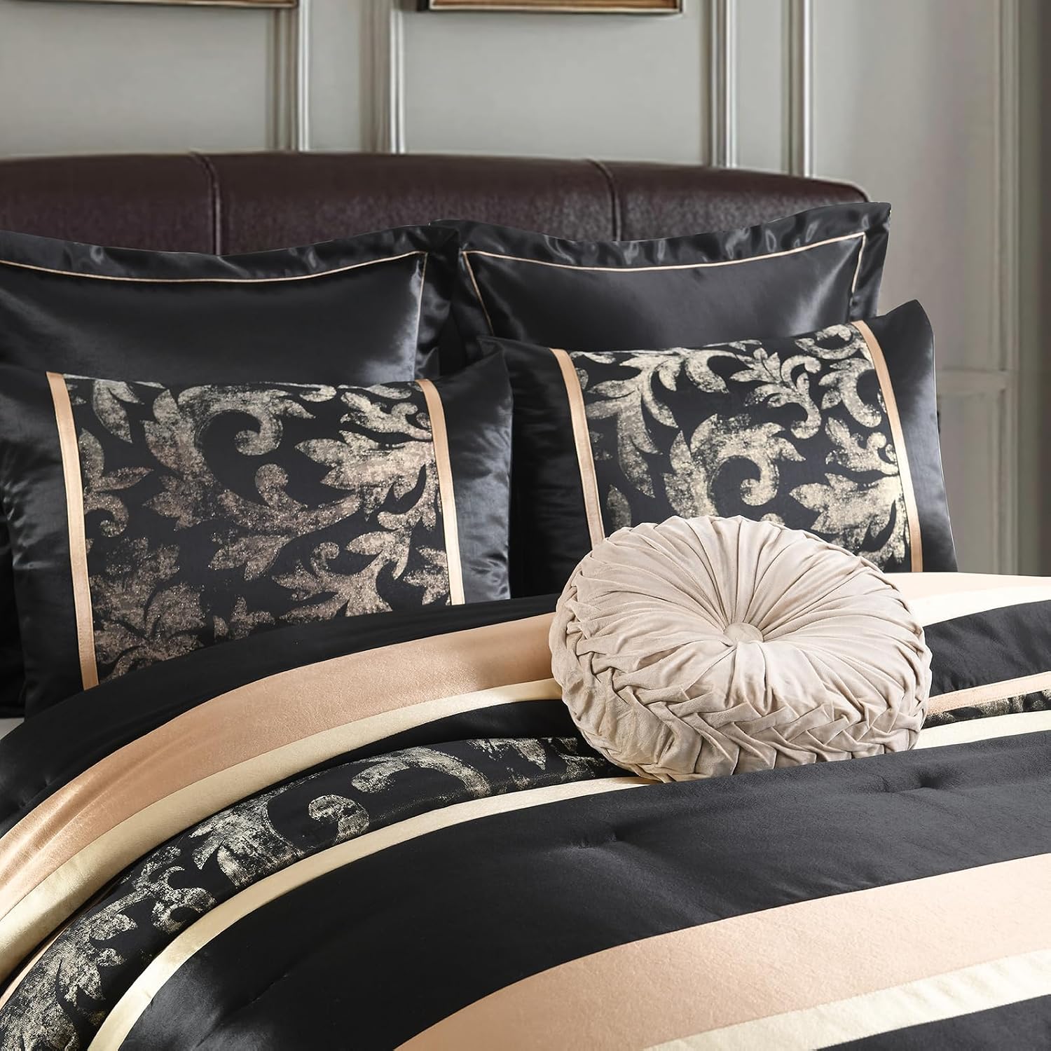 SahSahCasa 7-Piece Luxury Queen Comforter Set, Bed in a Bag Queen, Black and Gold Fluffy Bedding Comforter Set with Bed Skirt, Decorative Pillows and Shams, Down-Alternative Thick Jacquard Comforter