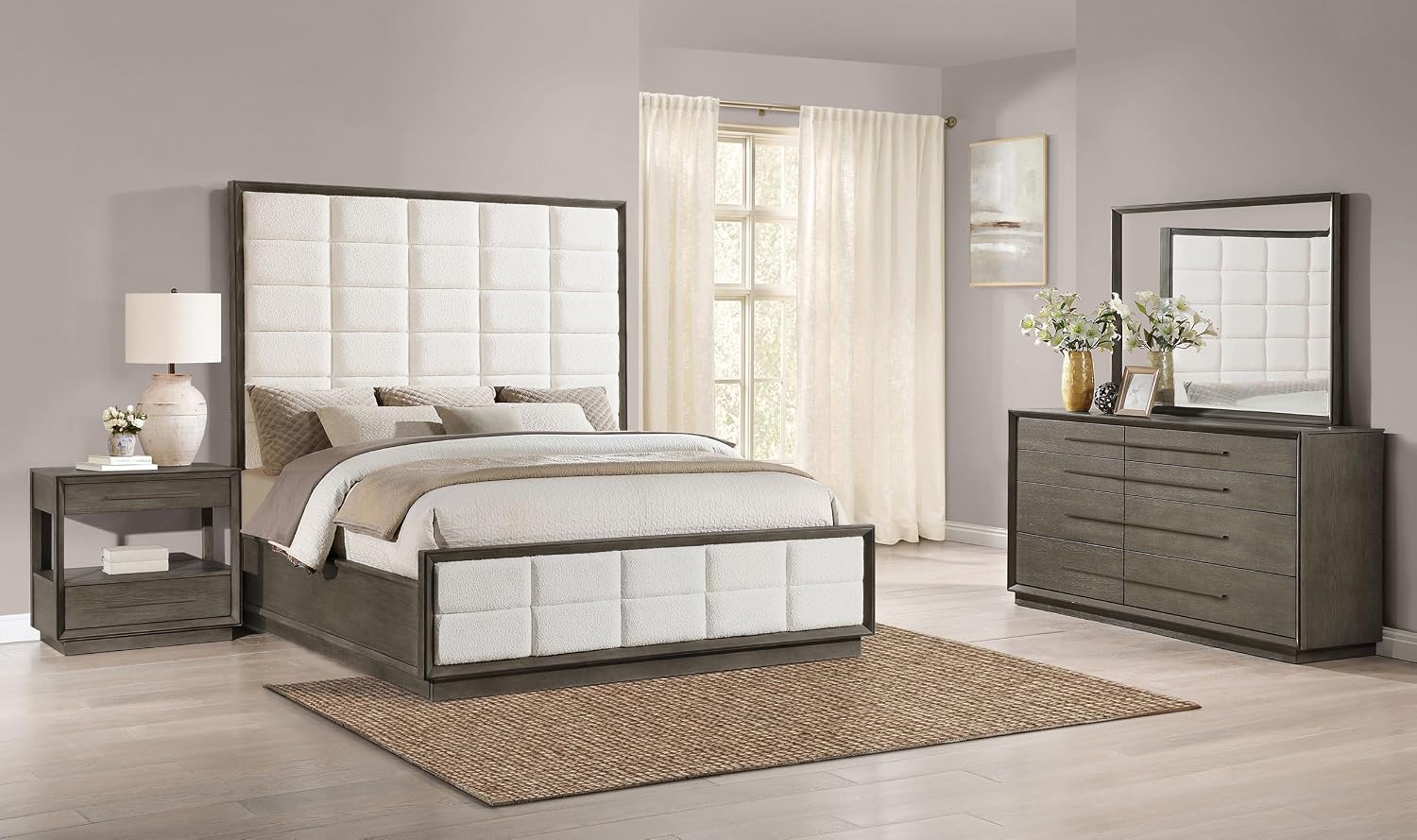 Coaster Home Furnishings Durango Transitional 4-Piece Bedroom Set Boucle Upholstered Queen Size Panel Bed Frame 77-inch Headboard Washed Oak 223271Q-S4