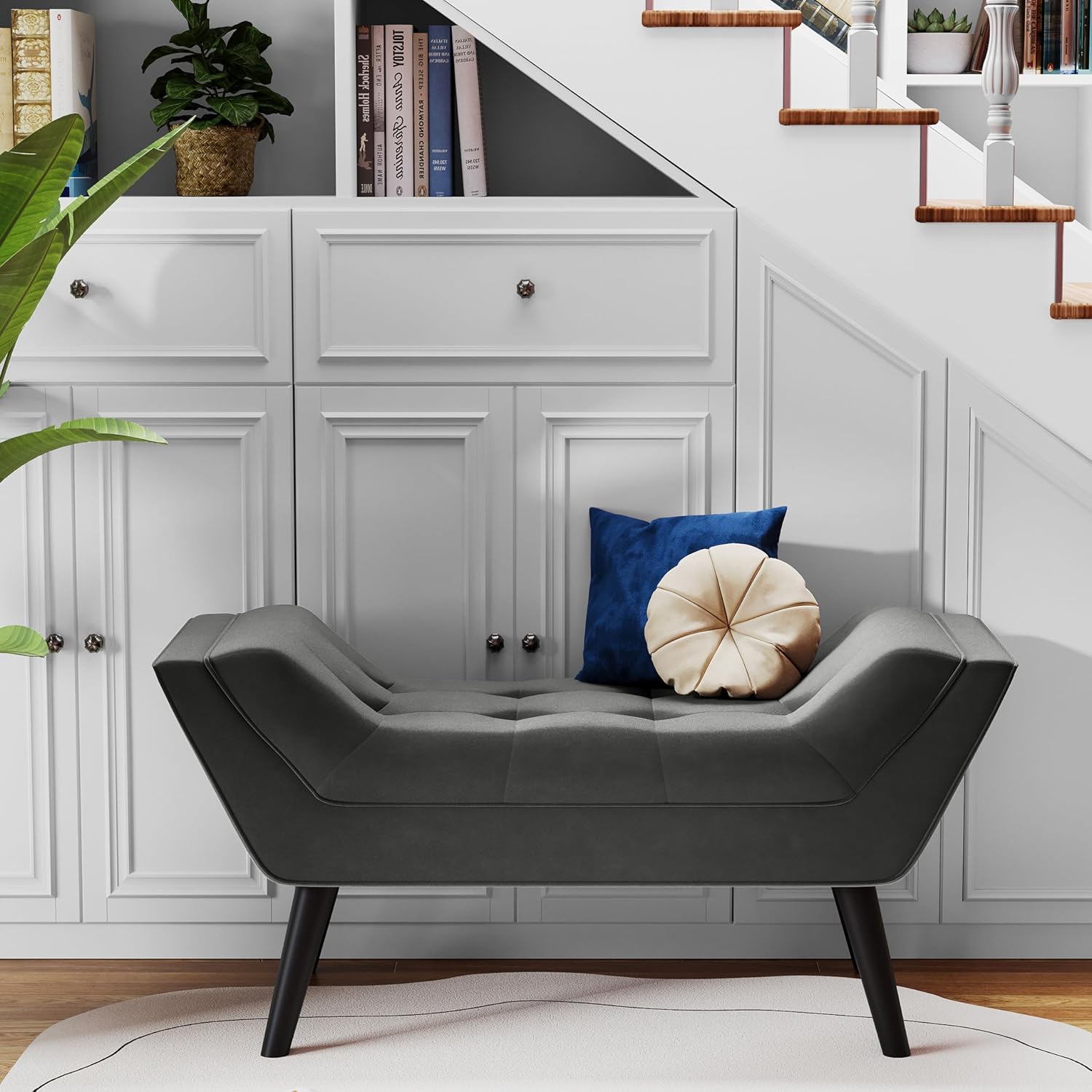 Andeworld Upholstered Tufted Small Cute Bench Ottoman for Entryway Foyer Bathroom Vanity Bedroom (One Seater, Dark Grey)